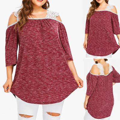 

Roseonmyhand Fashion Women Plus Size Lace Patchwork Strapless Sling Loose Blouse T-shirt