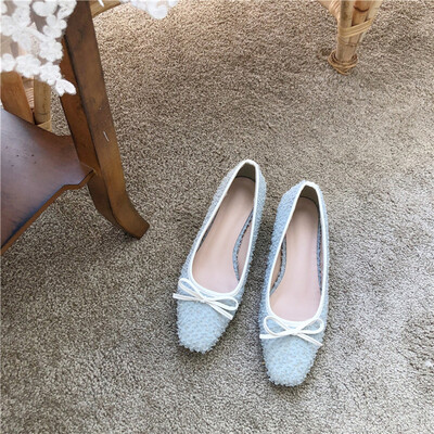 

Single shoe female autumn square head shallow mouth night wild thick bowknot a pedal bean shoe fairy
