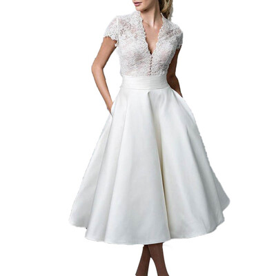 

Fashion Women White lace stitching Temperament dress V-neck Slim fit Dress