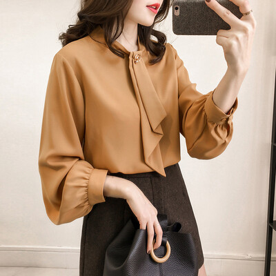 

Fashion Women Long Lantern Sleeve Blouse Ladies Office OL Work Plain Shirt Tops