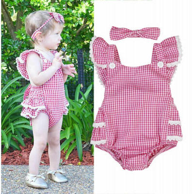 

US Newborn Baby Girls Plaid Lace Flying Sleeves Romper Jumpsuit Clothes Outfits