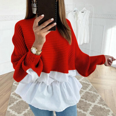 

Women Knitted Sweater Splice O Neck Lantern Long Sleeves Raglan Sleeve Ribbed Autumn Winter Knitting Tunic Tops Blouse