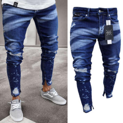 

Mens Stretchy Ripped Skinny Biker Jeans Destroyed Taped Zipper Slim Denim Pants