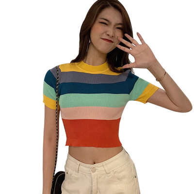 

Womens Pullover Casual Round Neck Rainbow Striped Short Sleeve Slim Knitted Crop Top