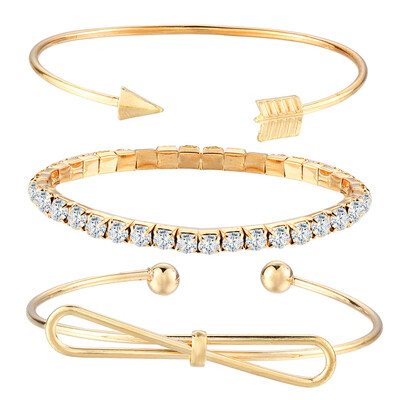 

Fashion Simple 3Pcs Bracelet Set Arrow Bowknot Letters Leaf Pineapple Feather Embedded Diamond Women Bracelets