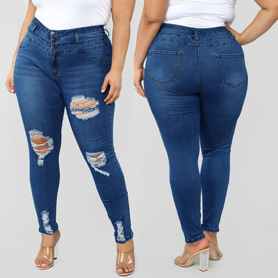 

〖Follure〗Fashion Womens Plus Size Pocket Hole Denim Button Zipper High Waist Pants Jeans