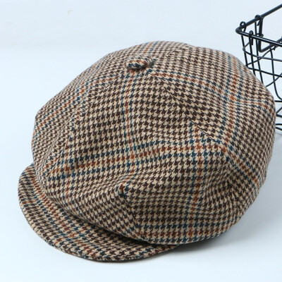 

Korean version of autumn&winter hat womens new hundred-set plaid flat-top hat British painter hat bud hat winter navy hat