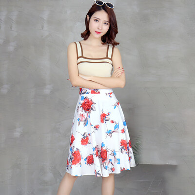 

Vintage Floral Printed A-Line Skirts Pleated Flare Midi Skirt For Women Girls