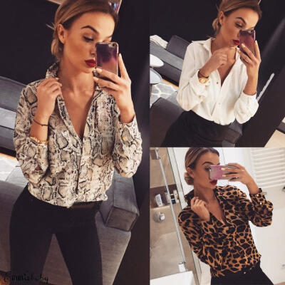 

Women V Neck Ladies Leopard Print Long Sleeve Loose TShirt Tops Blouse Casual