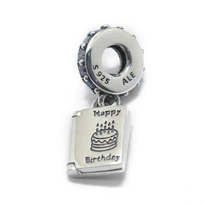 

925 Sterling Silver European Beads Large Hole Beads Book with Word Happy Birthday Antique Silver 23mm Pendant 13x8x2mm