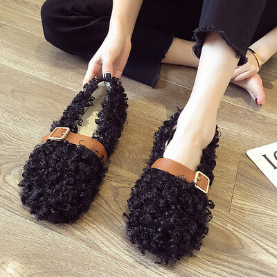 

Fur Shoes Autumn New Korean Version Baitao Students Round Head Flat Bottom Bean Shoes Leather Belt Button Single Shoes