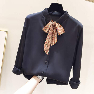 

Harajuku Summer Blouse Women Long Sleeve Shirts Fashion Chiffon Shirt Bow Office Ladies Black White Tops