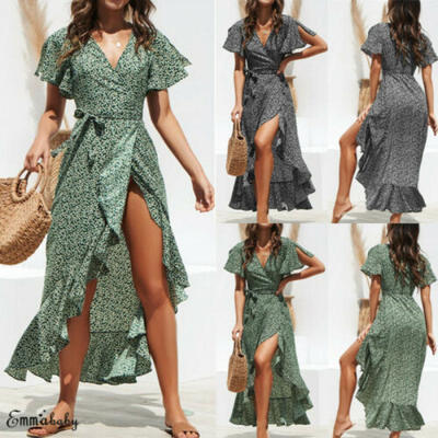 

Plus Size Womens Polka Dot Summer Short Sleeve Split Long Ladies Casual Dress