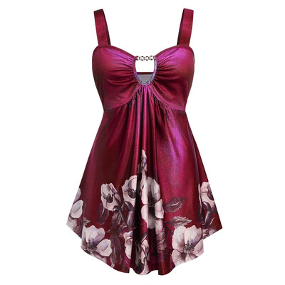 

Roseonmyhand Women Fashion Casual Plus Size Floral Print Cut Out Empire Waist Tank Top Camis