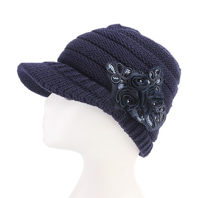 

Women Warm Wool Hat Winter Flower Sequin Cap Crochet Knit Beanie Brim Hat