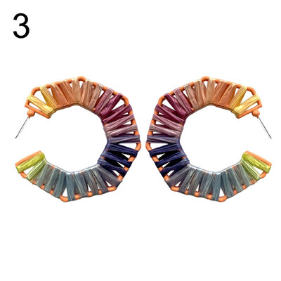 

Boho Rainbow Raffia Rattan Hollow C Shape Drop Hoop Lady Statement Stud Earrings