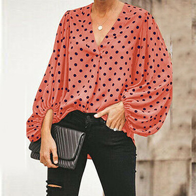 

3 Colors Women Fall Polka Dot V-neck Lantern Sleeve Shirt Ladies Casual Loose Shirts