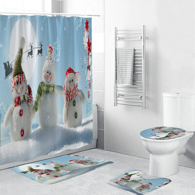 

〖Follure〗4Pcs Christmas shower Curtain Bathroom Anti-slip Carpet Rug Toilet Cover Mat Set