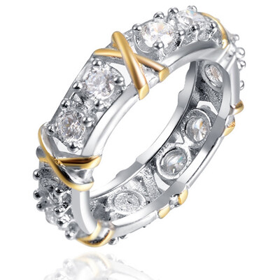 

White Sapphire Birthstone 925 Silver Two Tone Wedding Bridal Ring Gift Size 6-9