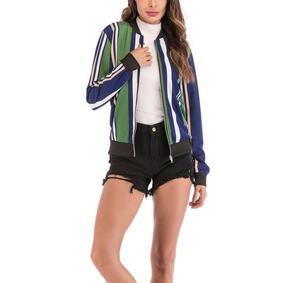 

Toponeto Womens Stripe Print Blouse Fashion Baseball Coat Zipper V-neckline Jacket