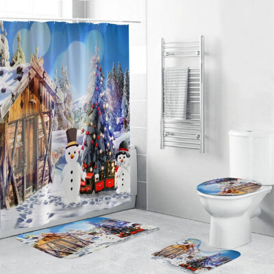 

〖Follure〗4Pcs Christmas shower Curtain Bathroom Anti-slip Carpet Rug Toilet Cover Mat Set