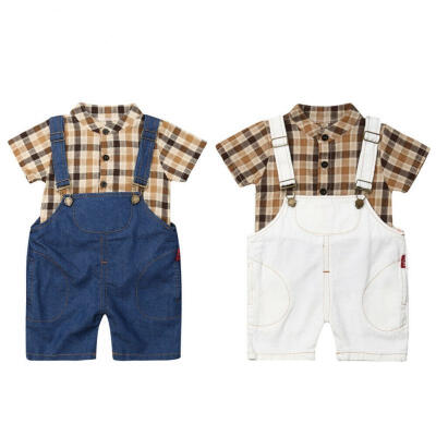 

2PCS Baby Boys Gentleman Outfits Suits with Pocket Todder Plaid Short Sleeve ShirtBib Pants Overalls Clothes Outfit Summer