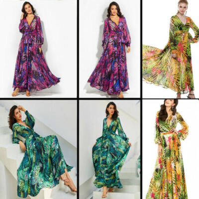 

Women New Floral Printed Long Maxi Dress Summer Beach Plus Size Holiday Dress US