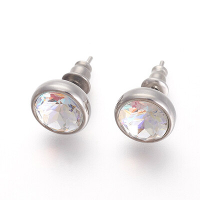 

304 Stainless Steel Stud Earrings with Rhinestone Flat Round Light Azore 10x6mm Pin 09mm