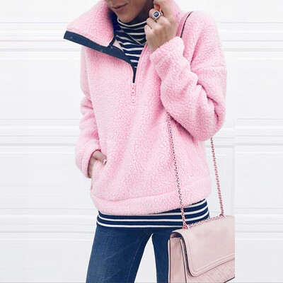 

Tailored Women Winter Casual Solid Color Stand Collar Zip Up Pullover Fur Sweatshirt Tops
