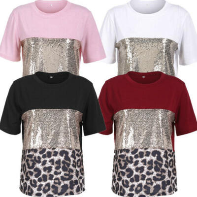 

Fashion Summer Womens Casual Short Sleeve Paillette T Shirts Leopard Tops Blouse