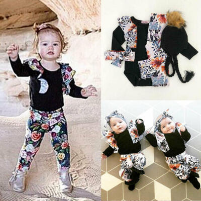 

US Newborn Baby Girls Long Sleeve Tops Romper Floral Pants Headband Clothes 3pcs