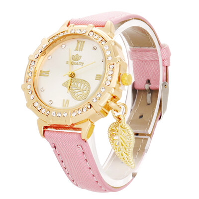 

New Women Quartz Watches Leaves Tower Rhinestone Pendant Leather Wrist Watch 2018 Casual Golden Dial Ladies Watch Montre Femme