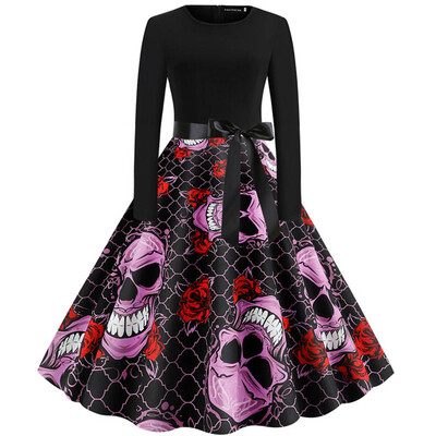 

Fashion Women Halloween Long Sleeve Dress Pumpkin Skull 3D Print Dress Round Collar Casual Christmas Festival Dresses