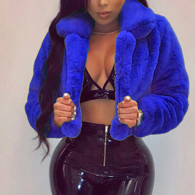 

Roseonmyhand Fashion Women Coat Fluffy Fleece Turn-down Collar Faux Fur Top Short Loose Coat