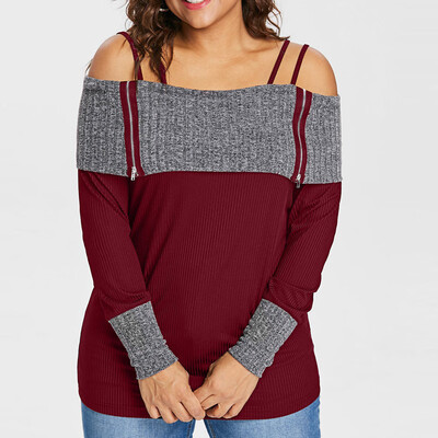 

Roseonmyhand Women Plus Size Long Sleeve Patchwork Off Shoulder Strapless Suspenders Top
