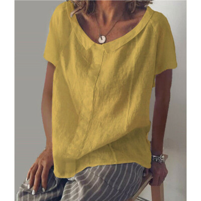 

Womens Summer Cotton Linen Blouses Loose Baggy Tops Tunic T Shirts Plus Size 3XL