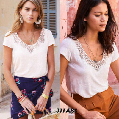 

Fashion Boho Womens Casual Summer Short Sleeve Flower Cotton T-Shirt Blouse Tops