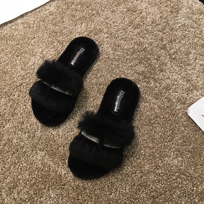 

Rhinestones drag women wearing summer Korean ins tide dew toe flat bottom Mao Mao slippers women