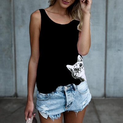 

New Fashion Women Tank Top Sleeveless Cat Print Racer Back Vest Casual Tops