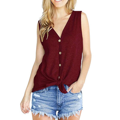 

New Summer Women Knitted Tank Top Tie Knot Front Buttons V neck Sleeveless Casual Tunic Blouse Vest