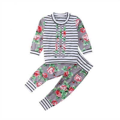 

2PCS Casual Newborn Baby Boy Girl Floral Tops Long Pants Outfits Set Clothes