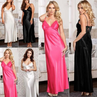 

Ladies Long Satin Nightdress Nightie Deep Lace Plus Size Nightwear Sleepwear AU