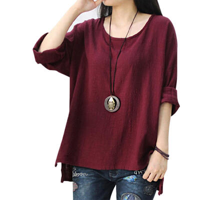 

Leisure Women T-Shirts Long Sleeve Solid Color O-Neck Cotton And Linen Tops