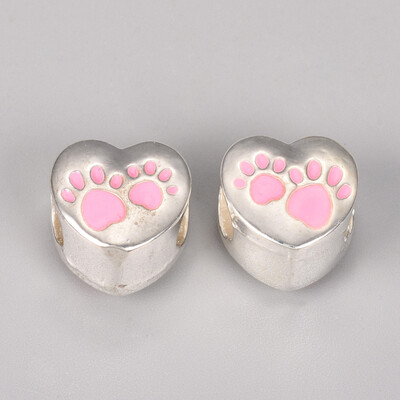 

Alloy Enamel European Beads Large Hole Beads Lead Free & Nickel Free Heart with Dog Paw Prints Silver PearlPink 12x115x8mm