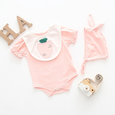 

Summer Baby Girl Cotton Infant Short Sleeve JumpsuitCartoon Animal Pattern BibsHat Newborn Romper Set Cute Baby Home Suits