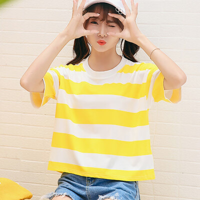 

Women Width Striped Candy Color T Shirt Short Sleeve O Neck Women Tops Harajuku Summer Casual Loose Tshirt