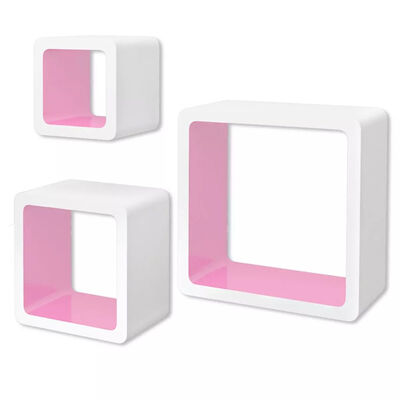 

3 White-Pink MDF Floating Wall Display Shelf Cubes BookDVD Storage