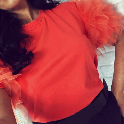 

Women Ladies Frill Tulle Tiers Mesh Sleeve Summer Fashion Cotton T-Shirt Top New