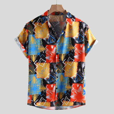 

Toponeto Mens Loose Multi Color Lump Chest Short Sleeve Turn-down Collar Round Hem Shirts