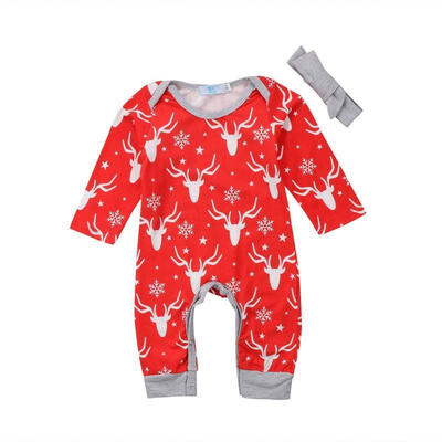 

Xmas 2pcs Clothes Newborn Baby Boy Girl Deer Romper Bodysuit Headband Outfits Fit For 0-18MColorRed